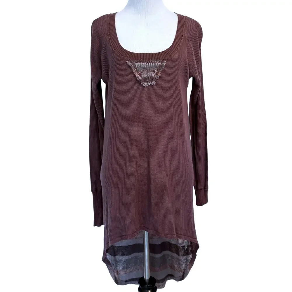 Free People Eco Thermal Raglan Tunic Sweater Womens Small Rose Brown High Low